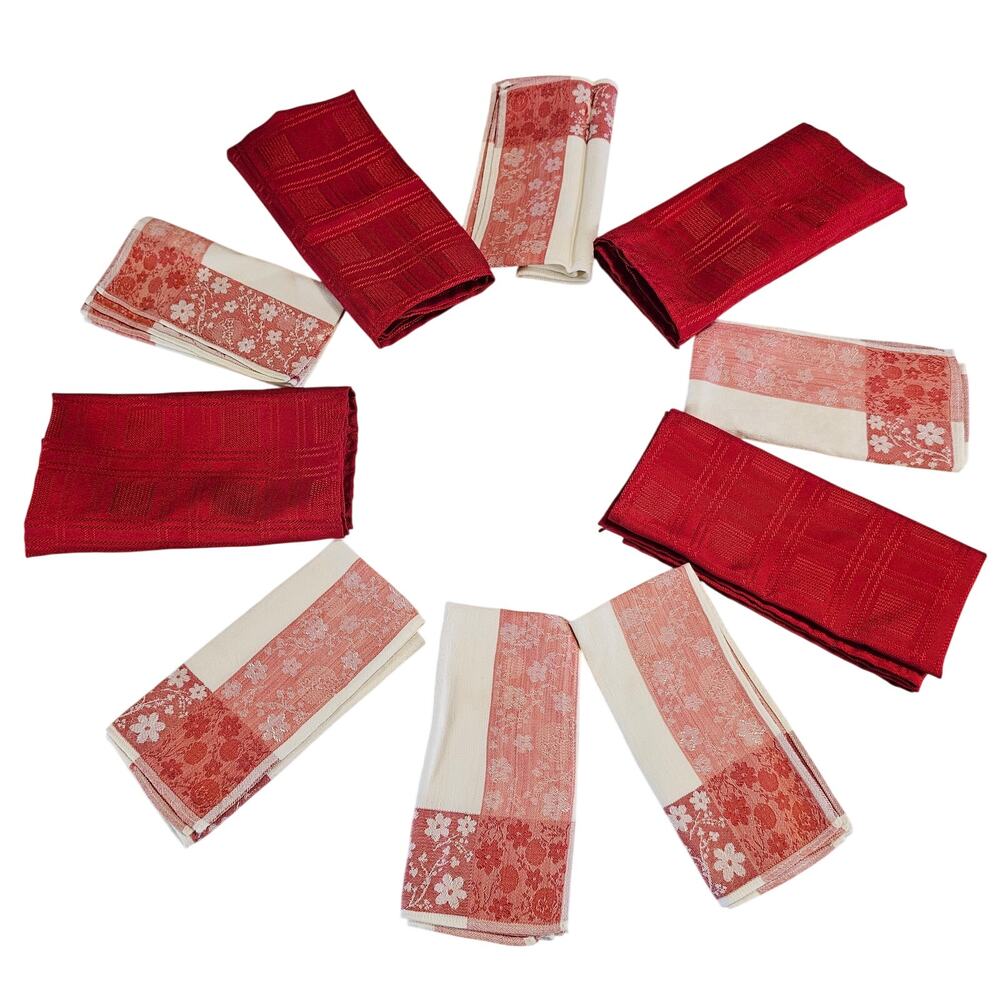 Cloth Napkin Dinner Party Set 4 Red 17" & 6 Red White Floral 14" Table Linen VTG